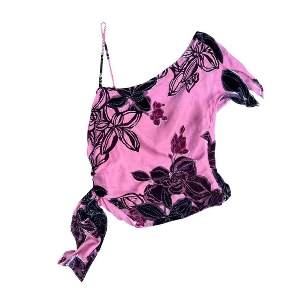 Fairycore Y2K Romantic Beaded ECI Silk Velvet Burnout One Shoulder Top - M